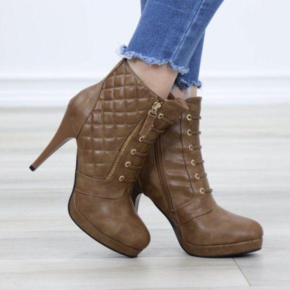 Khaki Platform High Heel Boots Light Fur inside - Picture 9 of 12